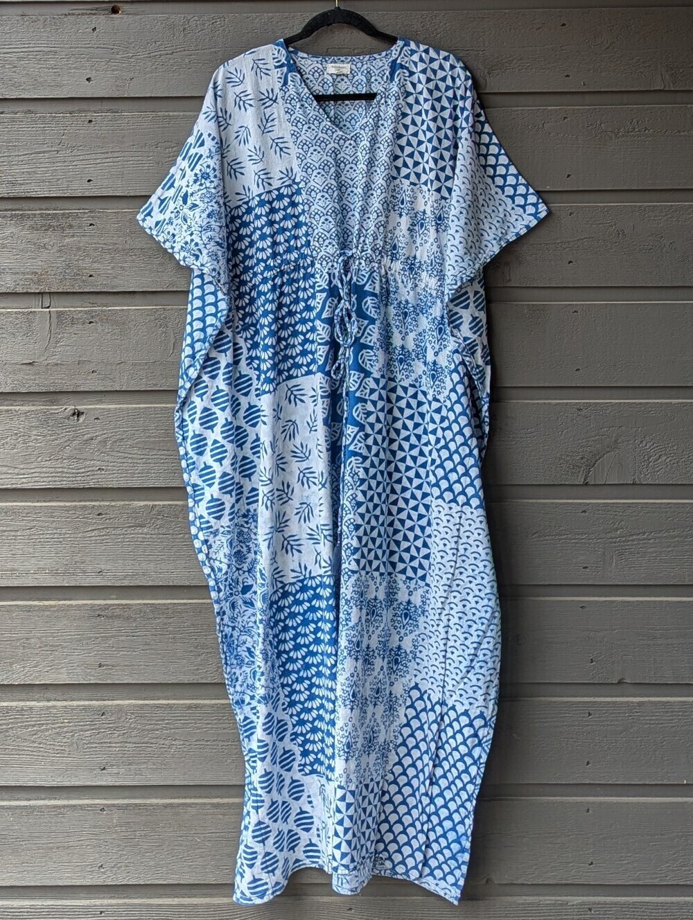 Cost Plus World Market Blue Block Printed Kaftan Free Size Boho Coverup Vacation